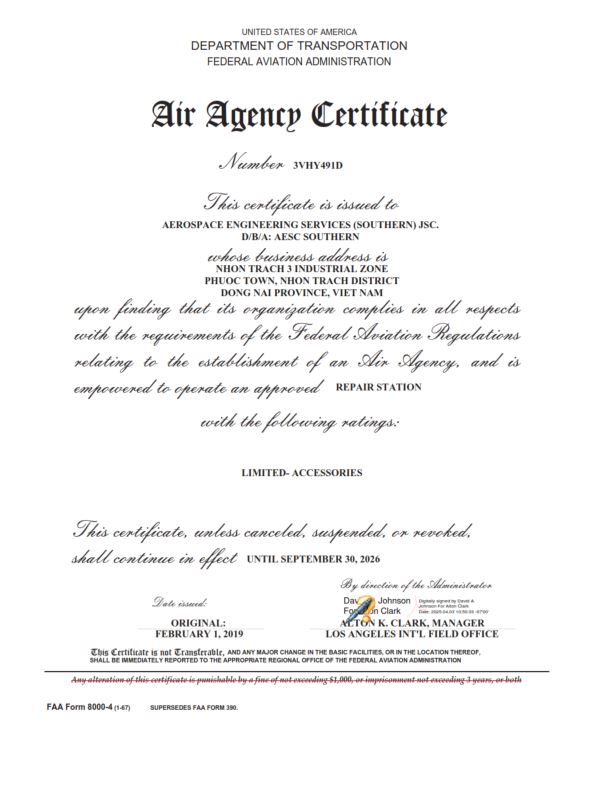 FAA Air Agency Certificate 3VHY491D renewal